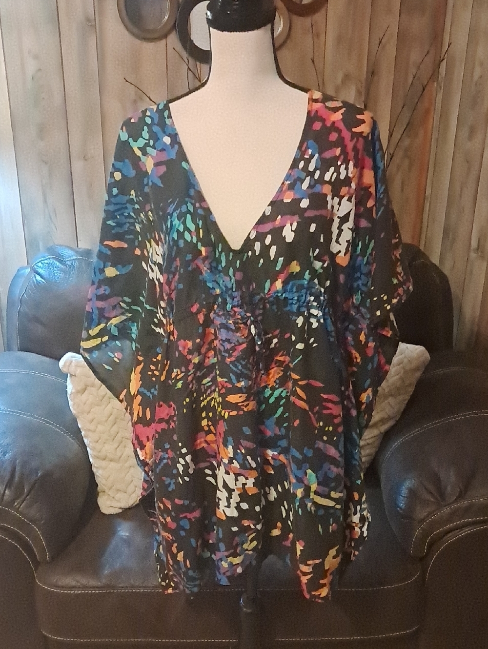 Perry Ellis Black V-Neck Tunic with Multicolor Abstract Print Swimsuit Cover Up